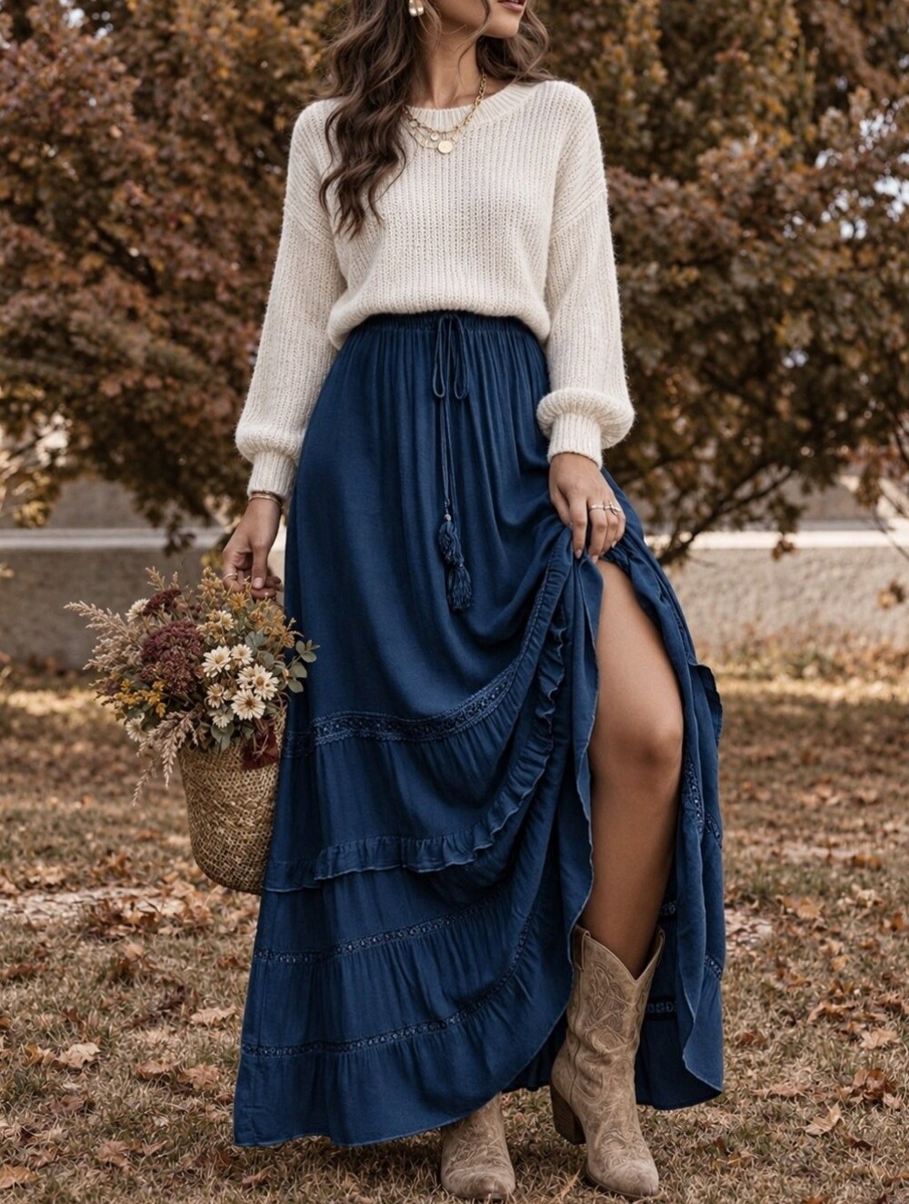 New Boho Lace Maxi Skirt Ruffle Hem Navy Blue
